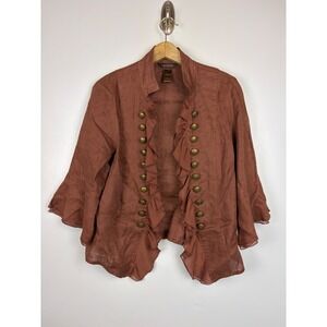 Multiples Linen Victorian Ruffle Jacket Rust Brown Large Steampunk Military Gold